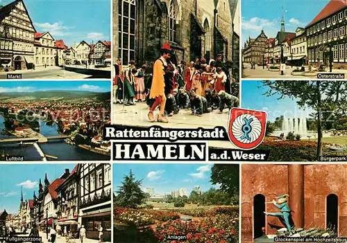 AK / Ansichtskarte Hameln Weser Markt Fussgaengerzone Osterstrasse Buergerpark Glockenspiel Hochzeitshaus Anlagen Rattenfaenger Sage Luftbild