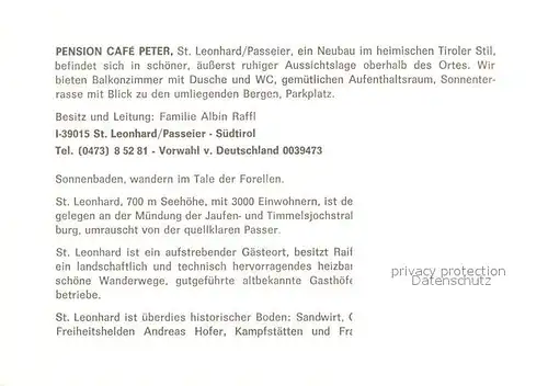 AK / Ansichtskarte St Leonhard Passeier Pension Cafe Peter Terrasse Gastraeume Kat. St Leonhard in Passeier Suedtirol