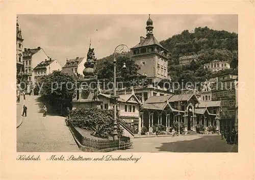 AK / Ansichtskarte Karlsbad Karlsruhe Markt Stadtturm und Dreikreuzberg Kat. Karlsbad