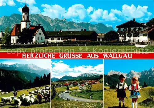 AK / Ansichtskarte Wallgau Ortsansicht mit Kirche Alpenpanorama Schafherde Kinder Trachten Kat. Wallgau