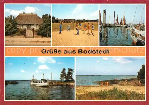 AK / Ansichtskarte Bodstedt Rohrdachhaus Ferienlager Zeesenboote Hafen Motorschiff Born Strand Bodden Kat. Fuhlendorf Darss