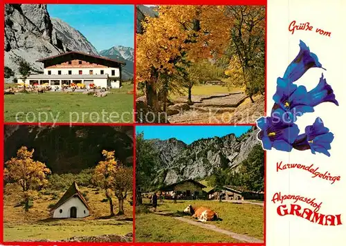 AK / Ansichtskarte Gramaialm Alpengasthof Kapelle Kuh Herbststimmung Blauer Enzian Alpen Kat. Eben am Achensee