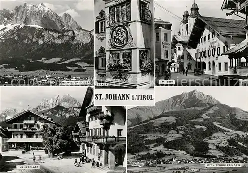 AK / Ansichtskarte St Johann Tirol mit Wildem Kaiser Erker Im Ort Hauptplatz Kitzbuehler Horn Kat. St. Johann in Tirol