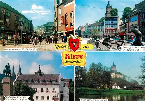 AK / Ansichtskarte Kleve Fussgaengerzone Lohengrin Brunnen am Fischmarkt Bibliothek Denkmal Der Grosse Kurfuerst Schwanenburg Kat. Kleve