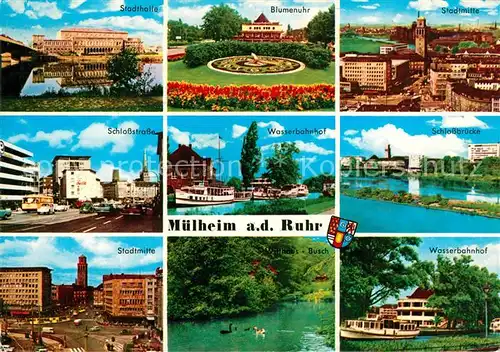 AK / Ansichtskarte Muelheim Ruhr Stadthalle Schlossstrasse Stadtmitte Blumenuhr Wasserbahnhof Busch Schlossbruecke Kat. Muelheim an der Ruhr