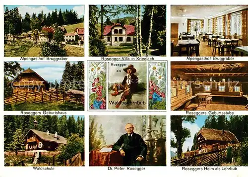 AK / Ansichtskarte Alpl Alpengasthof Bruggraber Rosegger Villa Geburtshaus Geburtsstube Waldschule Rosegger als Waldbauernbub Portrait Roseggers Heim als Lehrbub Kat. Krieglach