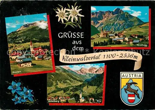 AK / Ansichtskarte Kleinwalsertal Panorama Riezlern Hirschegg Mittelberg Alpen Wappen Enzian Kat. Oesterreich
