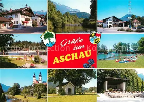 AK / Ansichtskarte Aschau Chiemgau Ortsmotive Schwimmbad Kirche Kapelle Kurkonzert Kat. Aschau i.Chiemgau
