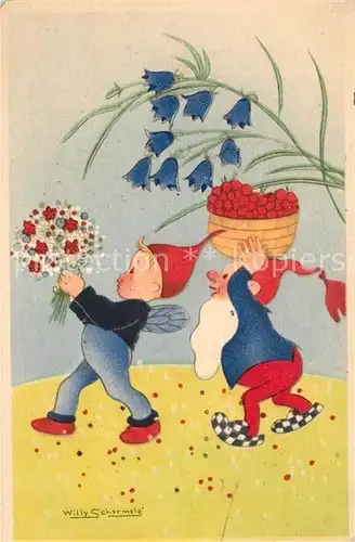 AK / Ansichtskarte Zwerge Kuenstlerkarte Willy Schermele Blumen  Kat. Maerchen und Sagen