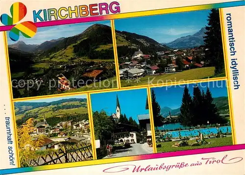 AK / Ansichtskarte Kirchberg Tirol Gesamtansicht mit Alpenpanorama Ortsmotiv mit Kirche Freibad Kat. Kirchberg in Tirol