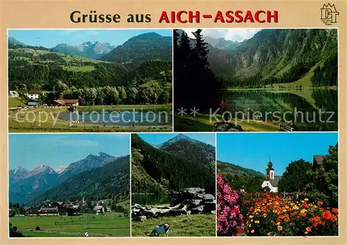 AK / Ansichtskarte Aich Assach Steiermark Badesee Bergsee Landschaftspanorama Alpen Blumen Kirche Kat. Aich