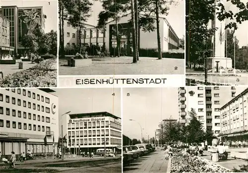 AK / Ansichtskarte Eisenhuettenstadt Leninallee Med Fachschule Prof Dr Karl Gelbke Platz der DSF Hotel Lunik und Kaufhaus Magnet Kat. Eisenhuettenstadt