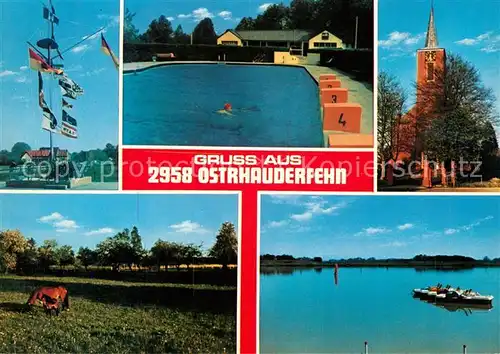 AK / Ansichtskarte Ostrhauderfehn Fahnenmast Schwimmbad Kirche Weide See Kat. Ostrhauderfehn