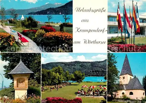 AK / Ansichtskarte Krumpendorf Woerthersee Kurpark Kurhaus Bildstock Strandbad Kirche in Pirk