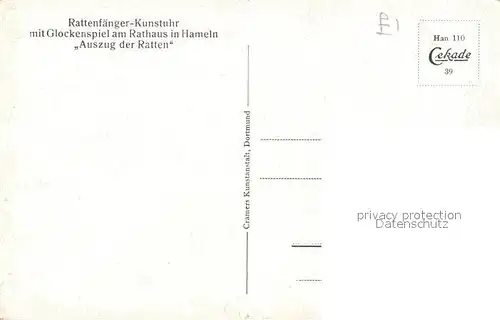 AK / Ansichtskarte Hameln Weser Rattenfaengerstadt Rattenfaenger Kunstuhr Glockenspiel am Rathaus "Auszug der Ratten"