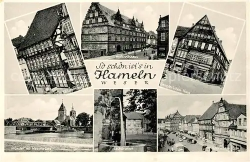 AK / Ansichtskarte Hameln Weser Stiftsherrenhaus Hochzeitshaus Muenster mit Weserbruecke Lachsbrunnen Demptersches Haus Osterstrasse