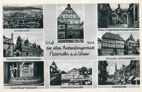 AK / Ansichtskarte Hameln Weser Panorama Hochzeitshaus mit Baeckerscharren Rattenfaenger Kunstuhr Rathaus Museum Stiftsherrenhaus Osterstrasse