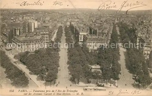 AK / Ansichtskarte Paris Panorama pris de LArc de Triomphe sur les Avenues Carnot et Mac Mahon Kat. Paris