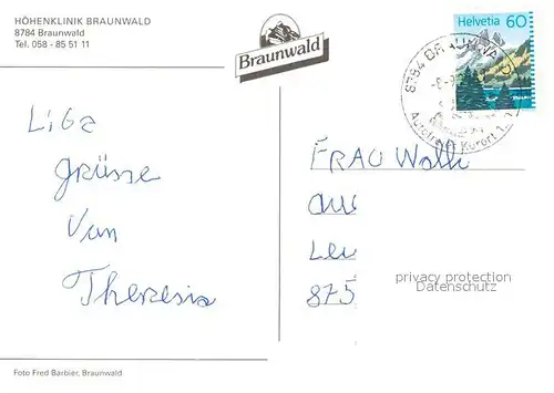 AK / Ansichtskarte Braunwald GL Hoehenklinik Braunwald Kat. Braunwald