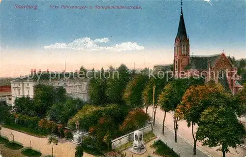 AK / Ansichtskarte Saarburg Saar Ecke Pfalzburgerstrasse Saargebmuenderstrasse Kirche Denkmal Kat. Saarburg