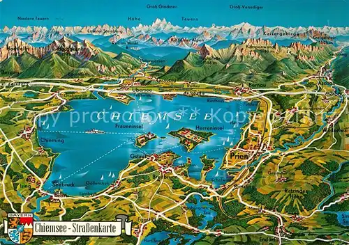 AK / Ansichtskarte Chiemsee Strassenkarte Bayerische Alpen aus der Vogelperspektive Kat. Chiemsee