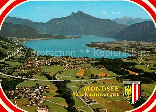 AK / Ansichtskarte Mondsee Salzkammergut mit Schafberg und Drachenwand Wappen Fliegeraufnahme Kat. Mondsee