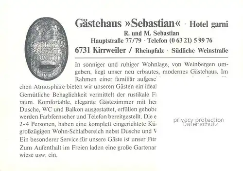 AK / Ansichtskarte Kirrweiler Pfalz Gaestehaus Sebastian Hotel garni Kat. Kirrweiler (Pfalz)