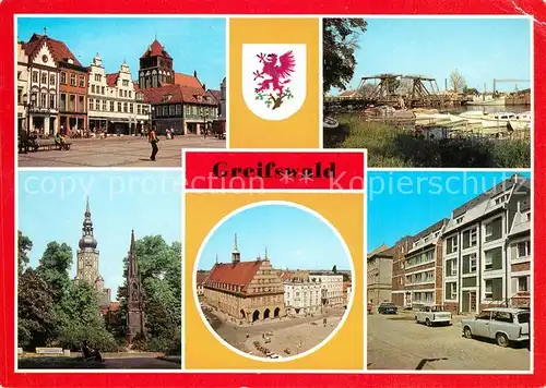 AK / Ansichtskarte Greifswald Platz der Freundschaft Wiecker Bruecke Dom Rubenowdenkmal Rathaus Knopfstrasse