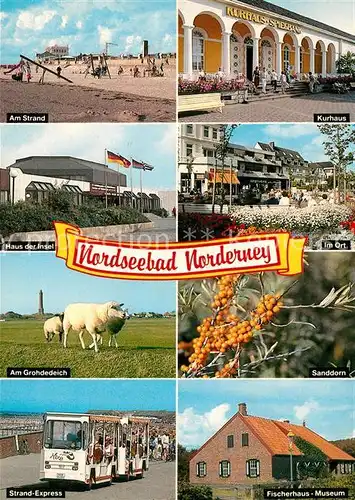 AK / Ansichtskarte Norderney Nordseebad Strand Kurhaus Haus der Insel Ortsmotiv Grohdedeich Schafe Sanddorn Fischerhaus Museum Strandexpress Kat. Norderney