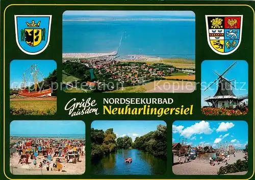 AK / Ansichtskarte Neuharlingersiel Schiff Campingplatz Kanal Windmuehle Wappen Nordseekurbad Fliegeraufnahme Kat. Neuharlingersiel