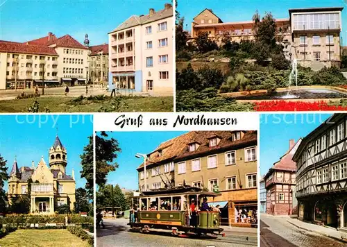 AK / Ansichtskarte Nordhausen Thueringen Rautenstrasse Gaststaette Meyenburgmuseum Historische Strassenbahn Barfuesserstrasse Fachwerkhaeuser Kat. Nordhausen Harz