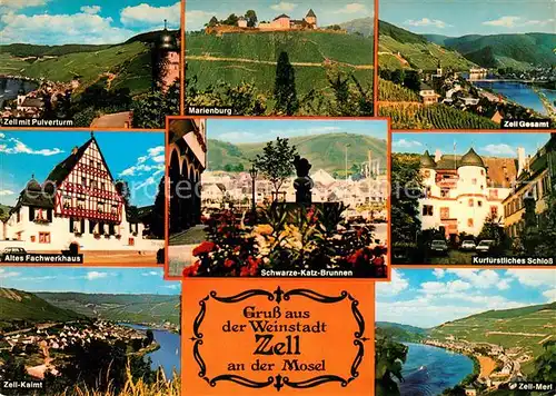AK / Ansichtskarte Zell Mosel Landschaftspanorama mit Pulverturm Marienburg Fachwerkhaus Schloss Schwarze Katz Brunnen Kaimt Merl Kat. Zell (Mosel)