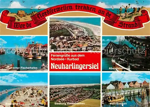 AK / Ansichtskarte Neuharlingersiel Fischerhafen Abendstimmung Badestrand Addenhausen Hafenbecken Kat. Neuharlingersiel