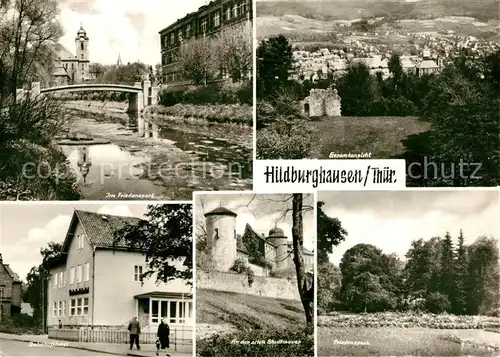 AK / Ansichtskarte Hildburghausen Friedenspark Bahnhofshotel Stadtmauer Burg Gesamtansicht Kat. Hildburghausen