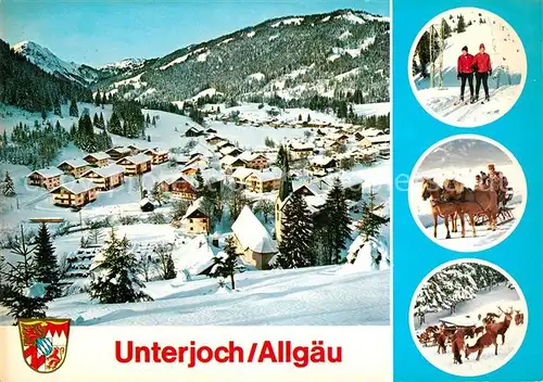 AK / Ansichtskarte Unterjoch Panorama Wintersportplatz Allgaeuer Alpen Pferdeschlitten Wildfuetterung Kat. Bad Hindelang