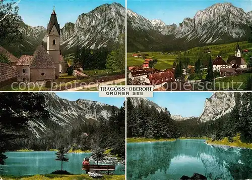 AK / Ansichtskarte Oberort Tragoess Ortsansicht mit Kirche Gruener See Alpenpanorama