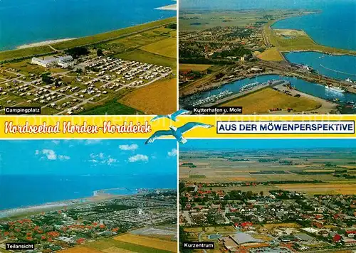 AK / Ansichtskarte Norden Norddeich Ostfriesland Fliegeraufnahme Campingplatz Kutterhafen Kurzentrum Kat. Norden