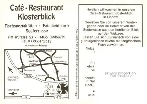 AK / Ansichtskarte Lindow Mark Cafe Restaurant Klosterblick Panorama Wutzsee Kat. Lindow Mark