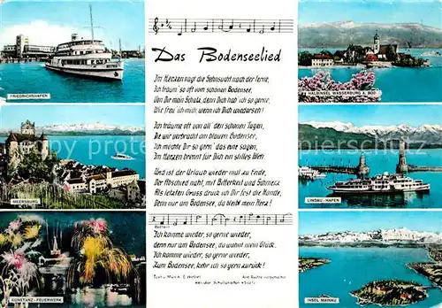 AK / Ansichtskarte Liederkarte Bodenseelied Motorschiffe Insel Mainau Lindau Konstanz Kat. Musik