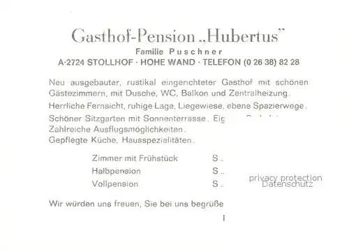 AK / Ansichtskarte Stollhof Hohe Wand Gasthof Pension Hubertus Gaststube Fremdenzimmer Kat. Hohe Wand Niederoesterreich