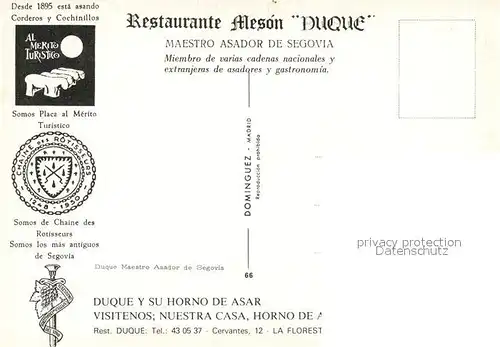 AK / Ansichtskarte Segovia Restaurante Meson Duque Maestro Asador de Segovia La Floresta Kat. Segovia