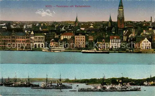 AK / Ansichtskarte Kiel Panorama mit Rathausturm Kriegsschiffe Kat. Kiel