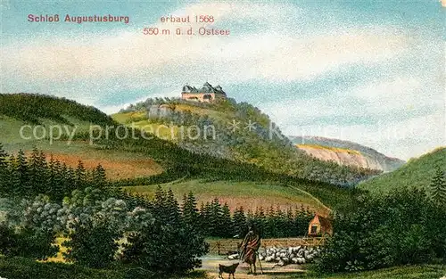 Augustusburg Panorama mit Blick zum Schloss Schaefer mit Schafherde Litho Kat. Augustusburg