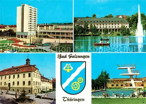 AK / Ansichtskarte Bad Salzungen Leninplatz Kurhaus am Burgsee Rathaus Schwimmbad  Kat. Bad Salzungen