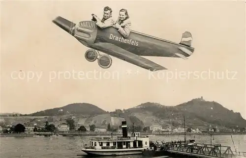 AK / Ansichtskarte Koenigswinter mit Drachenfels Flugzeug Schiffsanlegestelle Kat. Koenigswinter