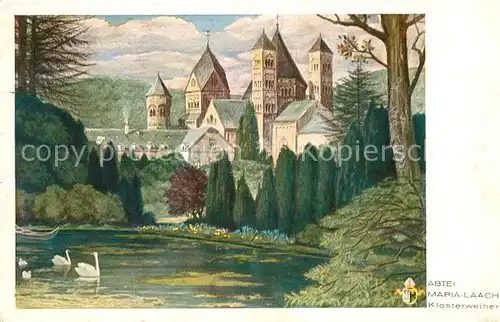 AK / Ansichtskarte Maria Laach Glees Abtei Klosterweiher Schwaene Kuenstlerkarte