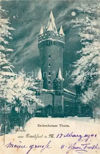 AK / Ansichtskarte Frankfurt Main Eschenheimer Turm im Winter bei Mondschein Kat. Frankfurt am Main