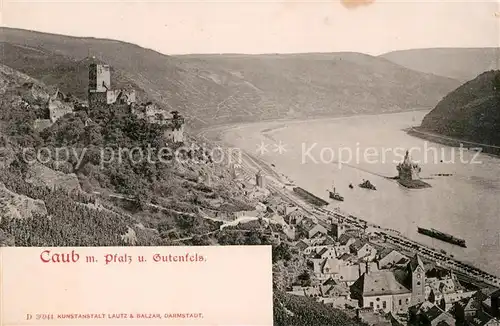 Caub Panorama Blick ueber den Rhein mit Burg Gutenfels Kat. Kaub