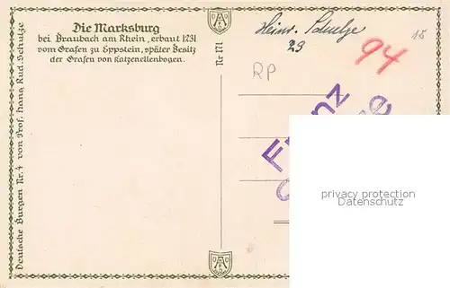 Braubach Rhein Marksburg Kuenstlerkarte Serie Deutsche Burgen Nr 4 von Prof. Schulze Kat. Braubach