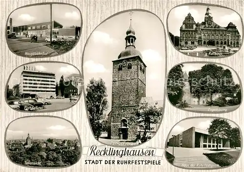 AK / Ansichtskarte Recklinghausen Westfalen Hauptbahnhof Rathaus Petruskirche Haus Ruhrfestspiele Engelsburg Kat. Recklinghausen